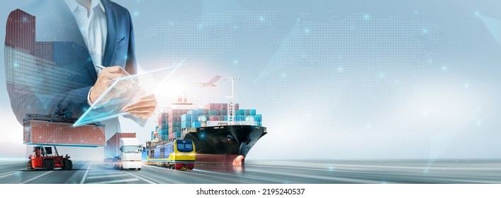 Global Business Network Distribution And Technology Digital Future Of Cargo Containers Logistics Transport Import Export Concept, Double Exposure Of Business Man Using Tablet Data Freight Shipping