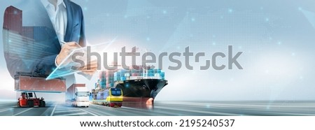Global Business Network Distribution and Technology Digital Future of Cargo Containers Logistics Transport Import Export Concept, Double Exposure of Business man using Tablet Data Freight Shipping