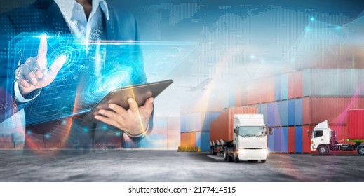 Global Business And Smart Technology Concept, International Trade, Digital Screen Of Logistics Network Distribution And Container Cargo Freight Truck, Logistics Import Export Transportation Background