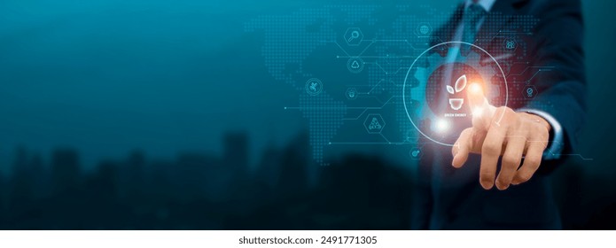 Global business structure of network. Businessman touch green energy icon and internet technology on virtual interface, promoting eco-friendly solutions, and advancing the green business Concept. - Powered by Shutterstock