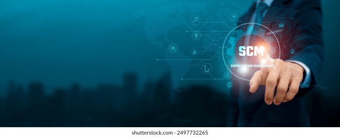 Global business structure of network. Businessman touch SCM (Supply Chain Management) icon and internet technology on a virtual interface, streamlining logistics, and revolutionizing business Concept.