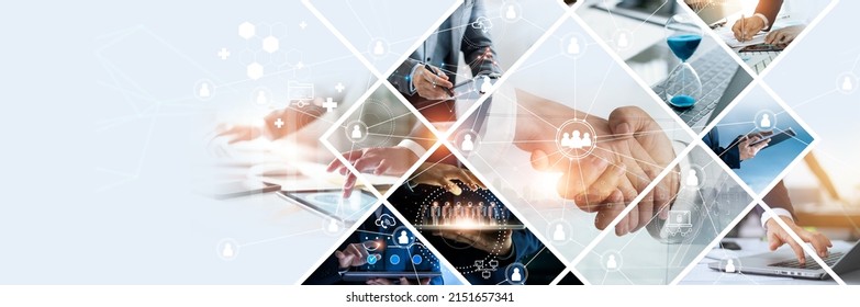 Global business structure of networking. Analysis and data exchange customer connection, HR recruitment and global outsourcing, Customer service, Teamwork, Strategy, Technology and social network  - Shutterstock ID 2151657341