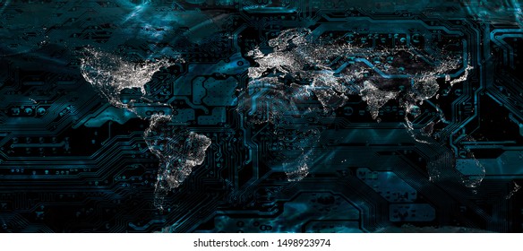 Global city lights world map on the motherboard pattern. Elements of this image furnished by NASA.