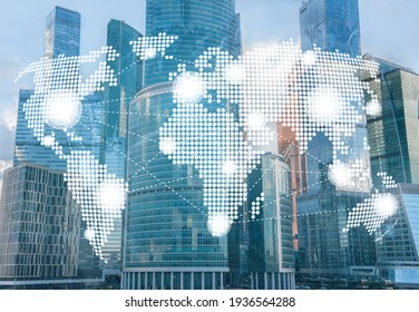 global communication, international business company concept, double exposure with skyscrapers, people, world map