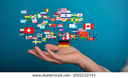 Global communication and international messaging concept, national flags of world