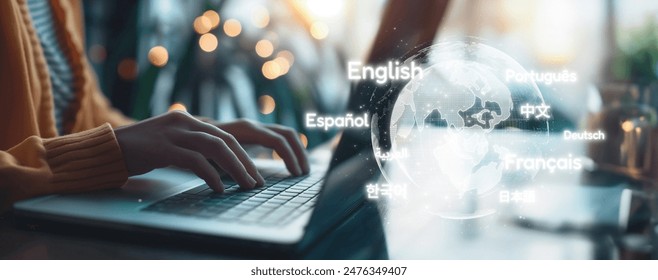 Global communication with multiple languages. Digital virtual reality globe with online languages study, skills interpreter lesson and practice capabilities in connected vr world. EIDE - Powered by Shutterstock