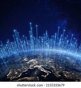 Global communication network above Europe viewed from space. Internet cellular connection and satellite telecommunication technology around the world. Elements from NASA. - Shutterstock ID 2155333679