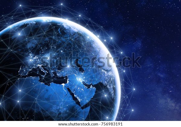Global communication network around planet Earth in\
space, worldwide exchange of information by internet and connected\
satellites for finance, cryptocurrency or IoT technology, image\
furnished by NASA