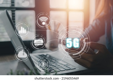 Global Communication Network Concept, Man Hand Using Smart Phone With 5G And Wifi Icon On Virtual Screen, World Wide Business, High-speed Mobile Internet, New Generation Networks. Mixed Media.