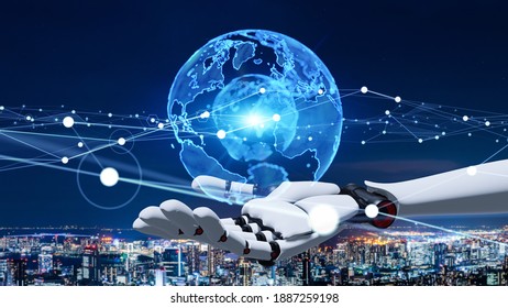 Global communication network concept. Robot hand. 3D rendering. - Powered by Shutterstock