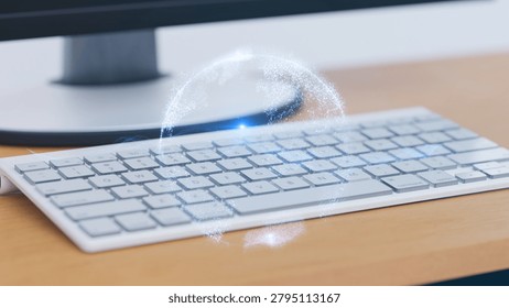 Global communication network and remote work concept, modern high tech workspace information with glowing particle sphere.