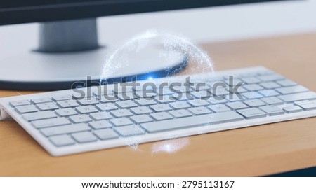Global communication network and remote work concept, modern high tech workspace information with glowing particle sphere.