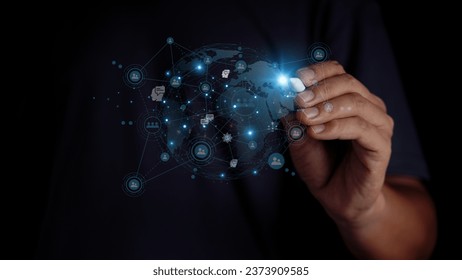 global communication technology Male hand pointing at abstract pen innovative concept Data analysis to connect communities around the world Glowing technology background and copy space - Powered by Shutterstock - Get 15% off with code: PIKWIZARD15