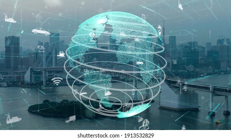 Global connection and the internet network modernization in smart city . Concept of future 5G wireless digital connecting and social media networking . - Shutterstock ID 1913532829