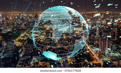 Global connection and the internet network modernization in smart city . Concept of future 5G wireless digital connecting and social media networking .
