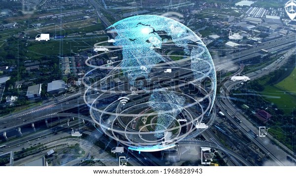 Global connection and traffic modernization in smart\
city . Concept of future 5G wireless digital connecting and\
logistics networking .