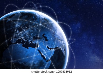 Global connectivity concept with worldwide communication network connection lines around planet Earth viewed from space, satellite orbit, city lights in Europe, some elements from NASA