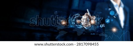 Global CPS structure of network. Analyzing businessman monitoring smart systems on digital interface, real-time control, automation, IoT integration, efficiency.