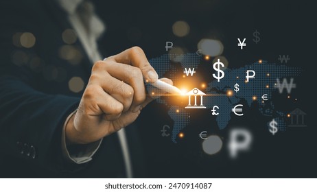 Global currency exchange concept, Businessman holding virtual world map and dollar yuan yen euro and pound sterling sign. Global business, international trading currency, world economy money, transfer - Powered by Shutterstock