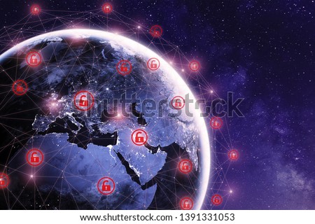 Global cyber attack around the world with planet Earth viewed from space and internet network communication under cyberattack with red icons, worlwide propagation of virus online