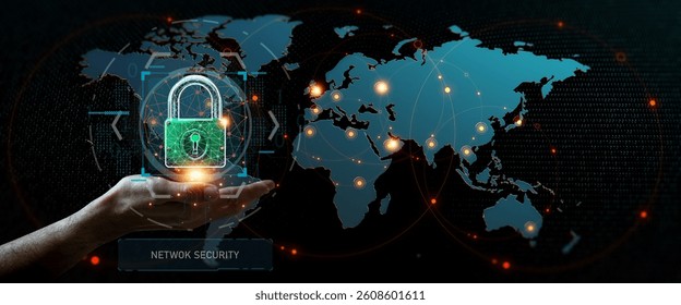 Global Cyber Shield: A holographic hand cradles a glowing digital padlock, symbolizing robust network security in a global digital landscape.