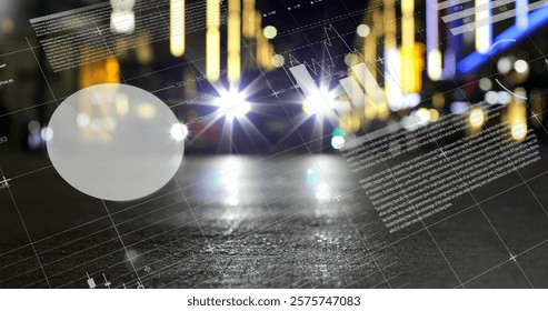 Global data analytics image over blurred city street with car headlights. Technology, network, futuristic, digital, cityscape, urban