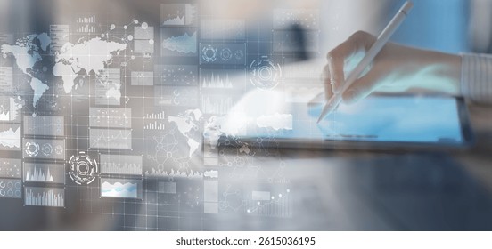 Global Data Analytics and Market Research Displayed on a Digital Tablet Interface.