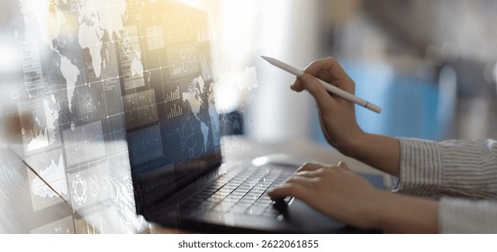 Global Data Analytics and Market Research Displayed on a Digital Tablet Interface.