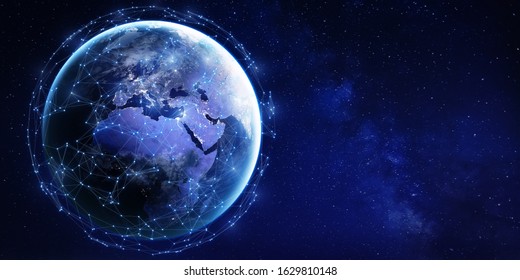 Global data communication network around planet Earth viewed from space with connected grid technology for Internet of Things (IoT), cryptocurrency blockchain, mobile web or cyberspace, map from NASA