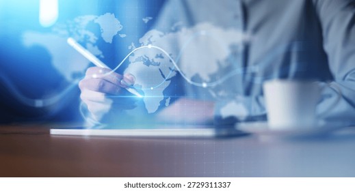 Global Data Interface and Business Network Visualization Projected on Virtual Screen.
