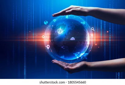 Global Data Management And Modern Technologies. Feamle Hands Holding Digital Globe With Different Icons Over Abstract Binary Background