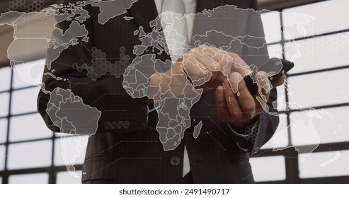 Global data network in operation: data transmitted worldwide, processed in real-time. illustration of digital business connections and technology interface.