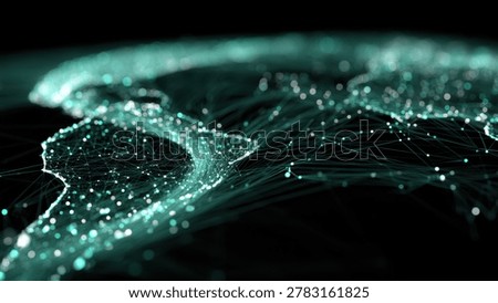 Global data visualization showing interconnected nodes and fiber optic lines across a digital map with teal bokeh. Perfect for technology presentations and global logistics corporate branding.