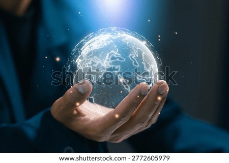 Global digital network concept with glowing world globe in hands, representing connectivity, data exchange, technology innovation, and worldwide communication system.