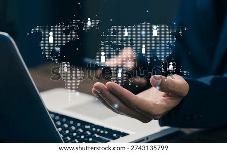 Global digital network with connected users across world map, representing international communication, remote collaboration, and worldwide business connectivity.