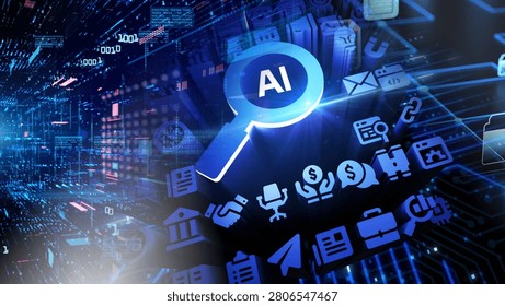 The global digital transformation and artificial intelligence integration Tech industry growth and corporate data management during economic shifts Illustrated with a glowing AI symbol business software icons financial graphs and tech elements over a digital circuit background - Powered by Shutterstock - Get 15% off with code: PIKWIZARD15