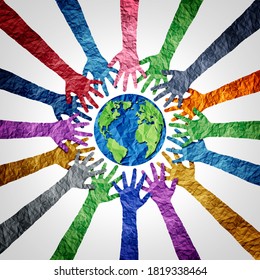 Global Diversity Or Earth Day And International World Culture As A Concept Of International People Cooperation As Diverse Hands Holding Together The Planet.