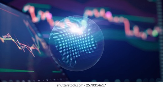 Global economic visualization with digital globe and stock market trends overlaid