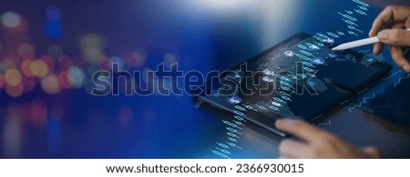 Global economy growth financial data concept and investment in stock market. Data analytics for investor of business strategy and planning. Double exposure background banner.