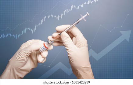 Global Economy Recovery After Covid 19 Concept. Hands Of A Researcher In Medical Gloves Takes Shot From Coronavirus Vaccine Vial By Needle Syringe With Stock Index Chart Rising Up In The Background.