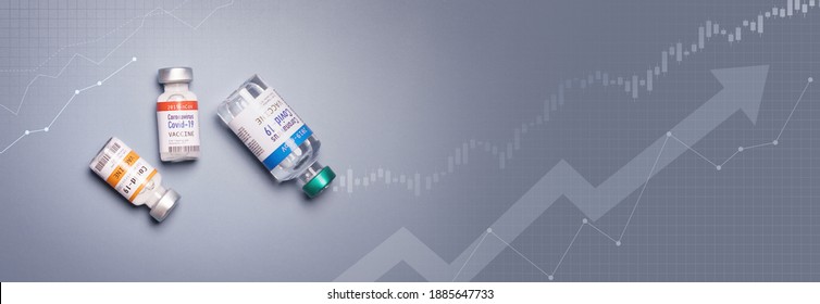 Global Economy Recovery After Covid 19 Vaccine. Top View Of Vaccination Vials For Coronavirus With Stock Index Chart Rising Up On Gray Background. Banner. Operation Warp Speed, COVAX, Collaboration.