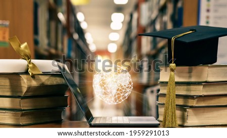 Global education, online study school course, e-learning class, e-book and world educational academic graduation success by digital intenet AI technology with computer notebook in library classroom