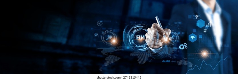 Global EIM structure of network. Analyzing businessman organizing enterprise data on digital interface, governance, workflow control, integration, efficiency.