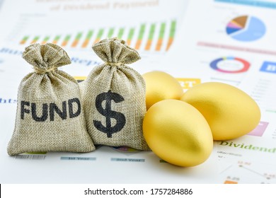 Global Equity Income Fund / Capital Growth, Financial Concept : Bags Of Fund, US USD Dollar And Golden Eggs On A Company Summary Report, Depicts Long-term Investment For Sustainable Recurring Earnings