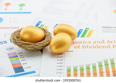 Global equity income fund, capital growth, financial concept : 1 golden eggs in a basket or a nest and 2 on a company summary report, depicts long-term investment for sustainable recurring earnings
