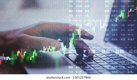 Global Finance Trading With Forex Digital Screen With Man Hand Typing On Laptop Keyboard.Double Exposure.