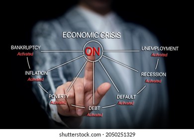 global financial crisis concept, congressman's hand presses the button crisis, the beginning of problems in the economy, inflation and unemployment, statistical data