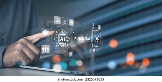 Global financial growth with AI technology and cloud computing concept, driving business innovation and investment strategies, protecting virtual banks and internet banking of cybersecurity.