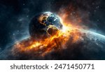 Global With Fire, Earth Falling Galaxy, Universal Space Background, Copy Space...,