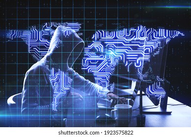 Global hacker attack concept with coding noface hacker and digital microchip world map scheme at programming screen background - Powered by Shutterstock - Get 15% off with code: PIKWIZARD15